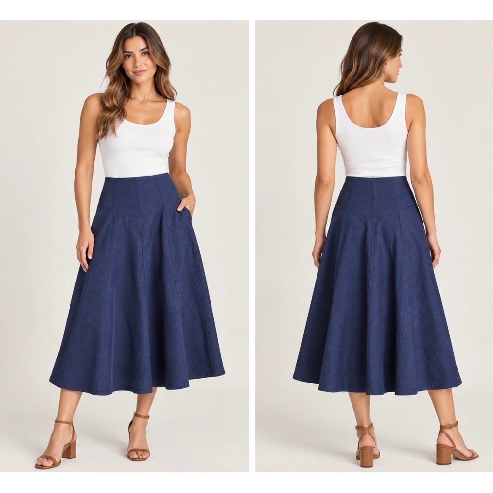 Maeve Anthropologie Sevigny Midi Skirt Navy Blue Textured Polka Dot Size 0